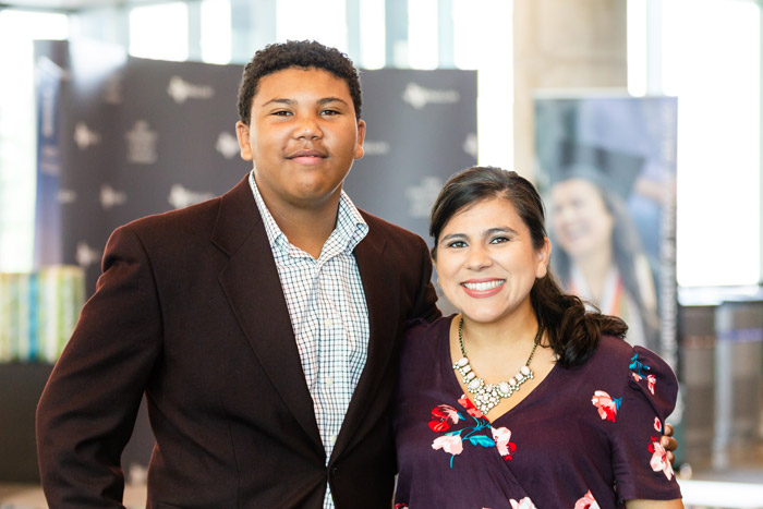 Titus Brown (left), a sophomore at Judge Barefoot Sanders Law Magnet at Yvonne A. Ewell Townview Center in Dallas, joined the Future Comets Program before starting the eighth grade. His mother, Natalie Brown (right), said the program has given him more confidence in STEM courses.
